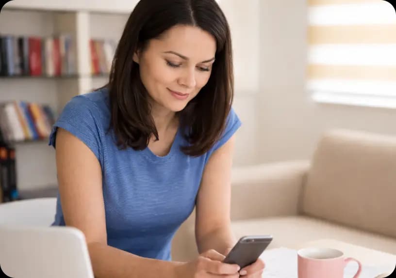 Woman smiling while using a smartphone at a desk with a laptop